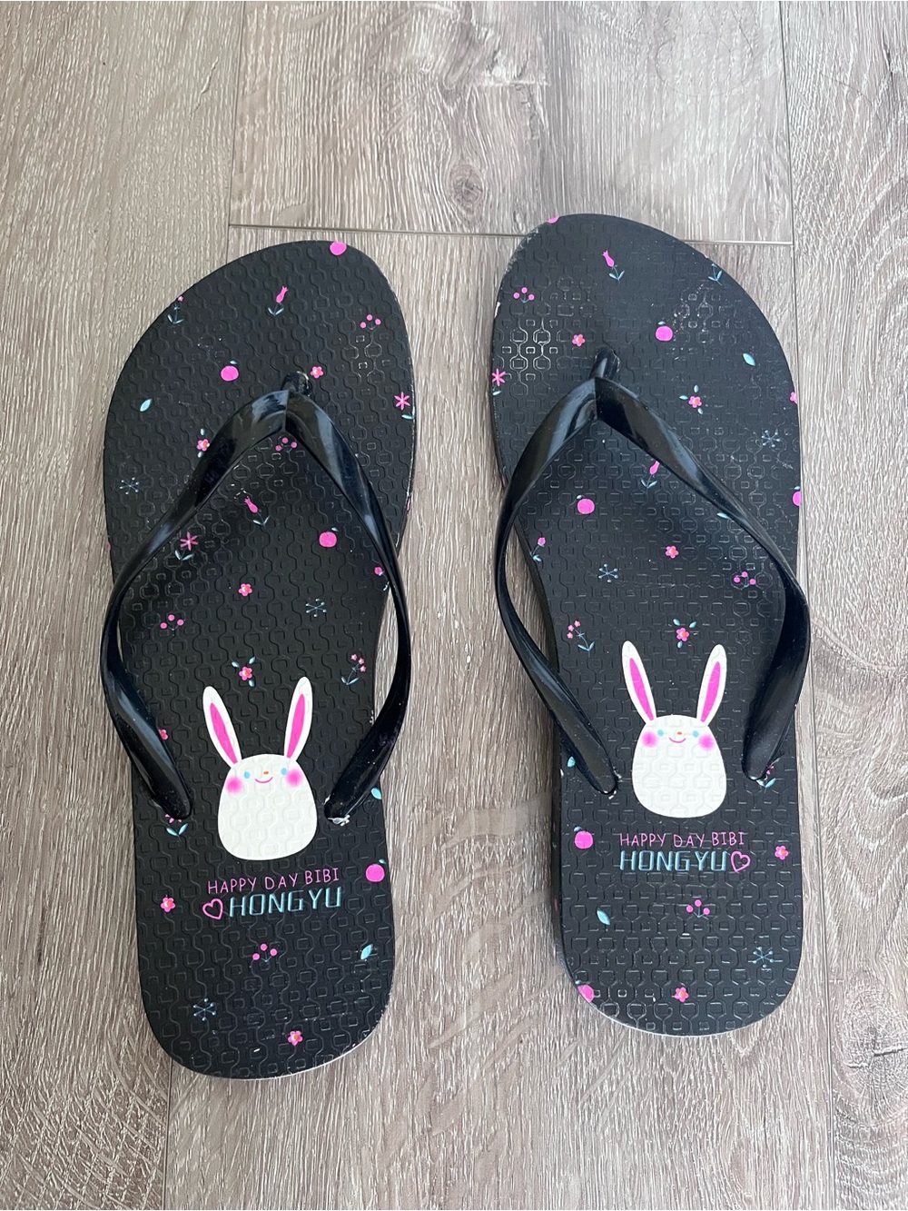 Black Bunny Flip Flops size 6 with Pink Accent